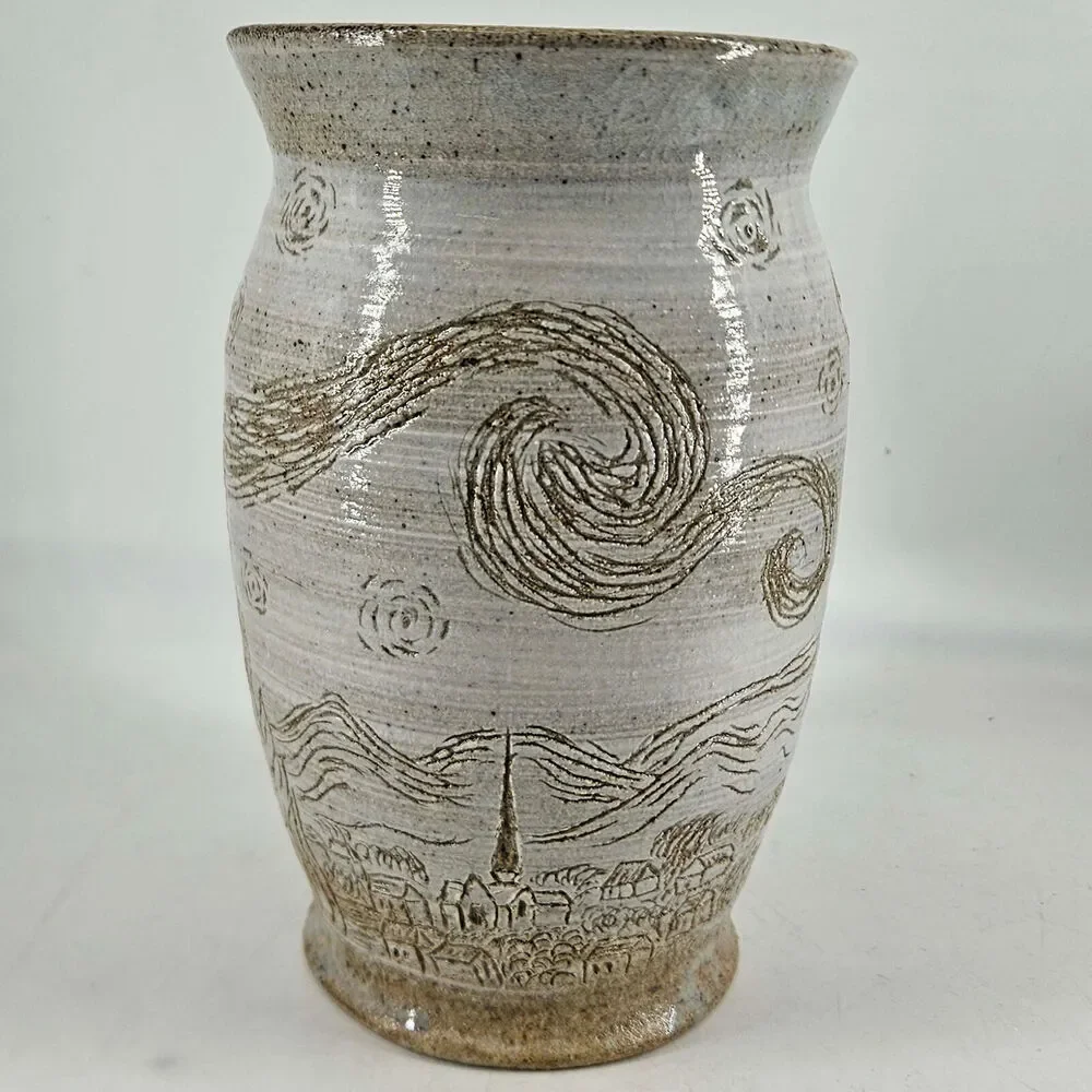 Hand made artist signed pottery folk art style vase fire smoke village scene